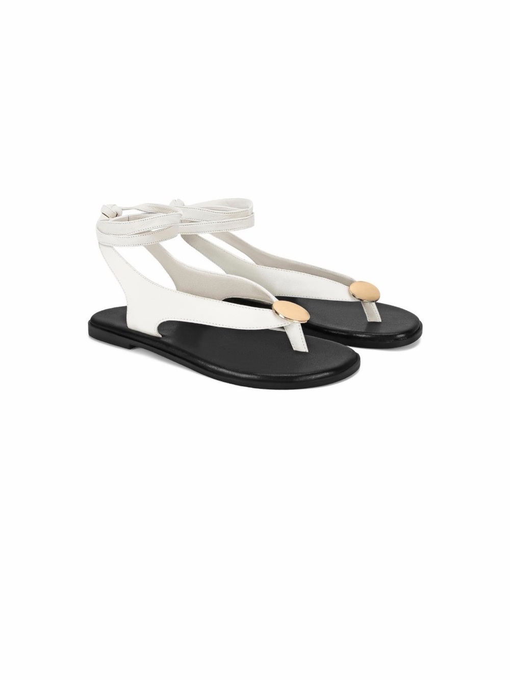 Women’s White Ankle-Tie Thong Sandals with Gold Disk